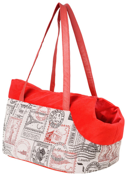 BOLSO PARA TRANSPORTE DE MASCOTAS TELA ESTAMPADA FELPA ROJO