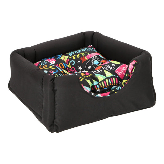 CAMA PARA MASCOTAS TIPO IGLU NEGRO, COJÍN ESTAMPADO