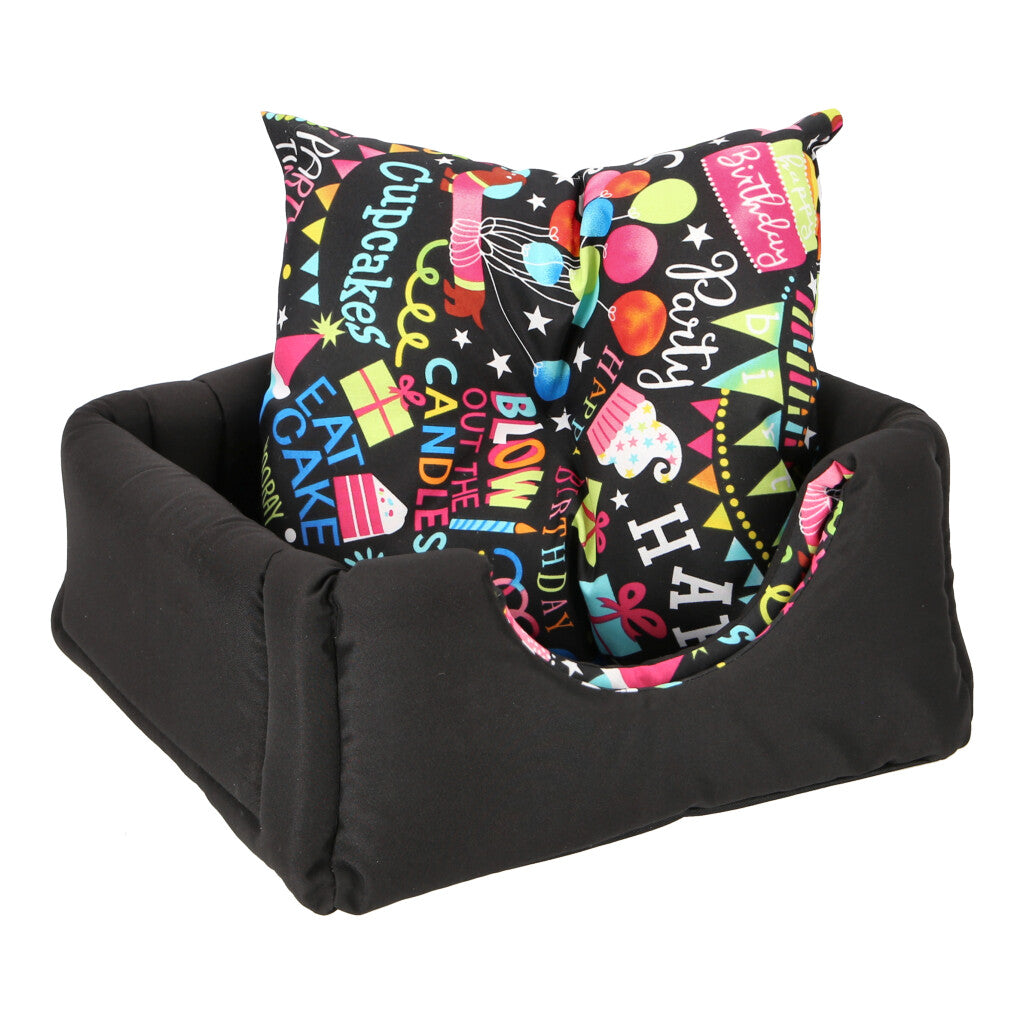 CAMA PARA MASCOTAS TIPO IGLU NEGRO, COJÍN ESTAMPADO