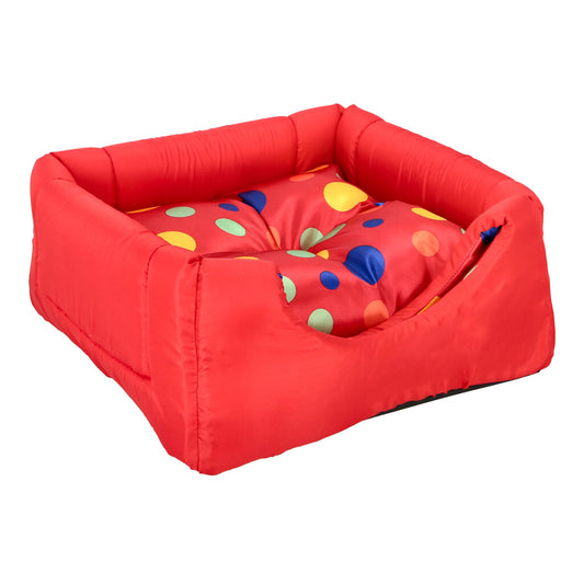 CAMA PARA MASCOTAS TIPO IGLU ROJO, COJÍN TELA ESTAMPADA